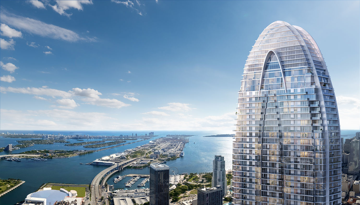 Iconic tulip-shaped crown of Okan Tower Miami